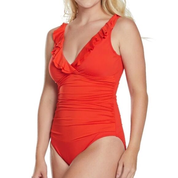 DKNY Women's Red Ruffle Plunge Underwire Tummy Control One-Piece Swimsuit sz 6 - Picture 2 of 12